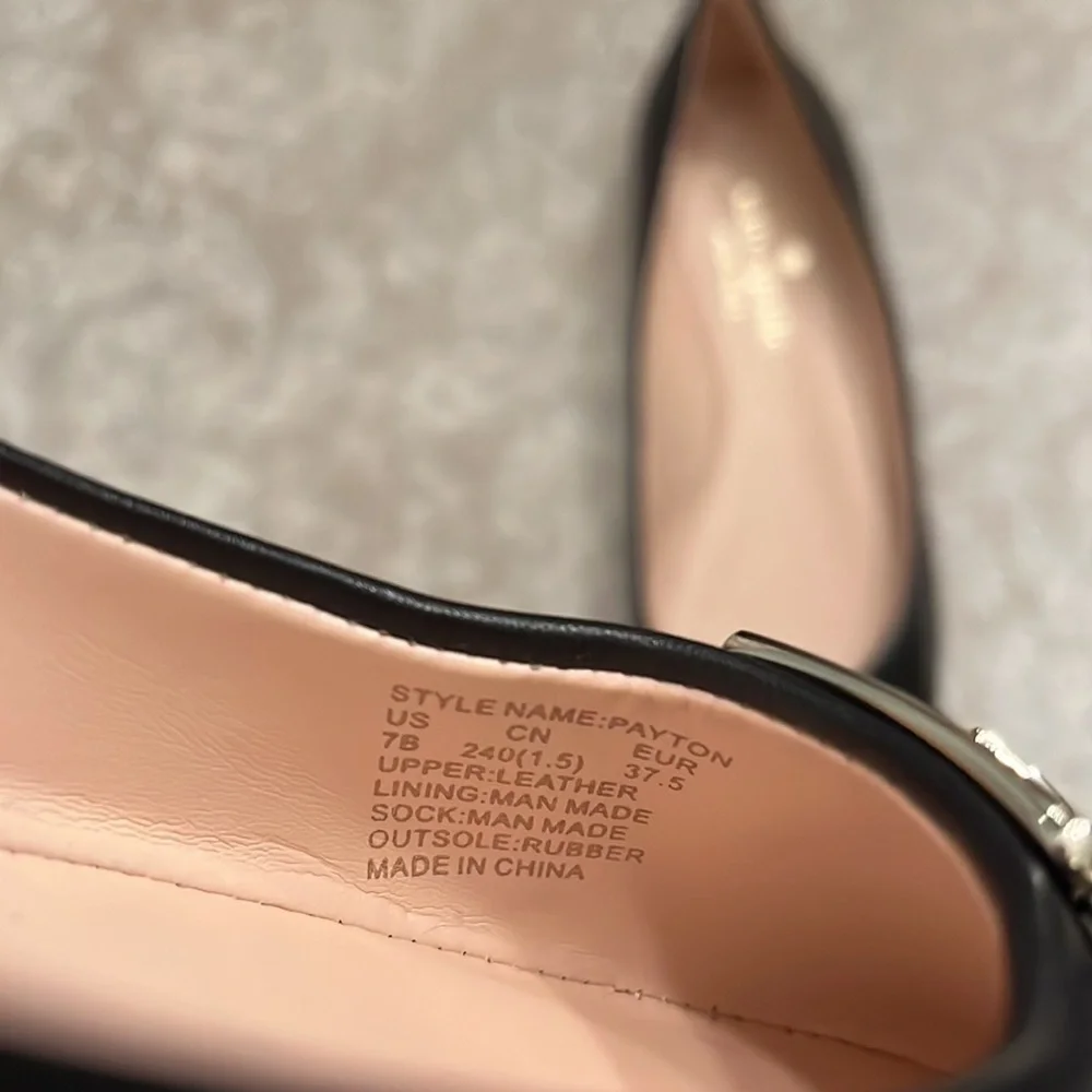 Brand New Kate Spade Genuine Leather Black Flats Slip On Shoes Silver Tone Logo